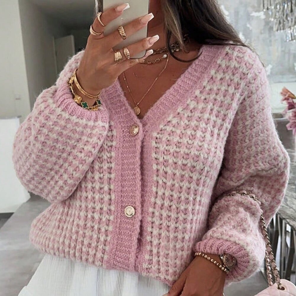 Fall Stylish Women's Plaid Printed V-Neck Button Long sleeved Cardigan